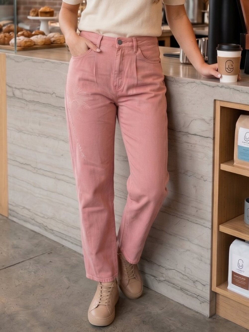 FREE PEOPLE x Sandrine Rose Pink Petal Embroidered Mom Jeans - Size 28 NEW
